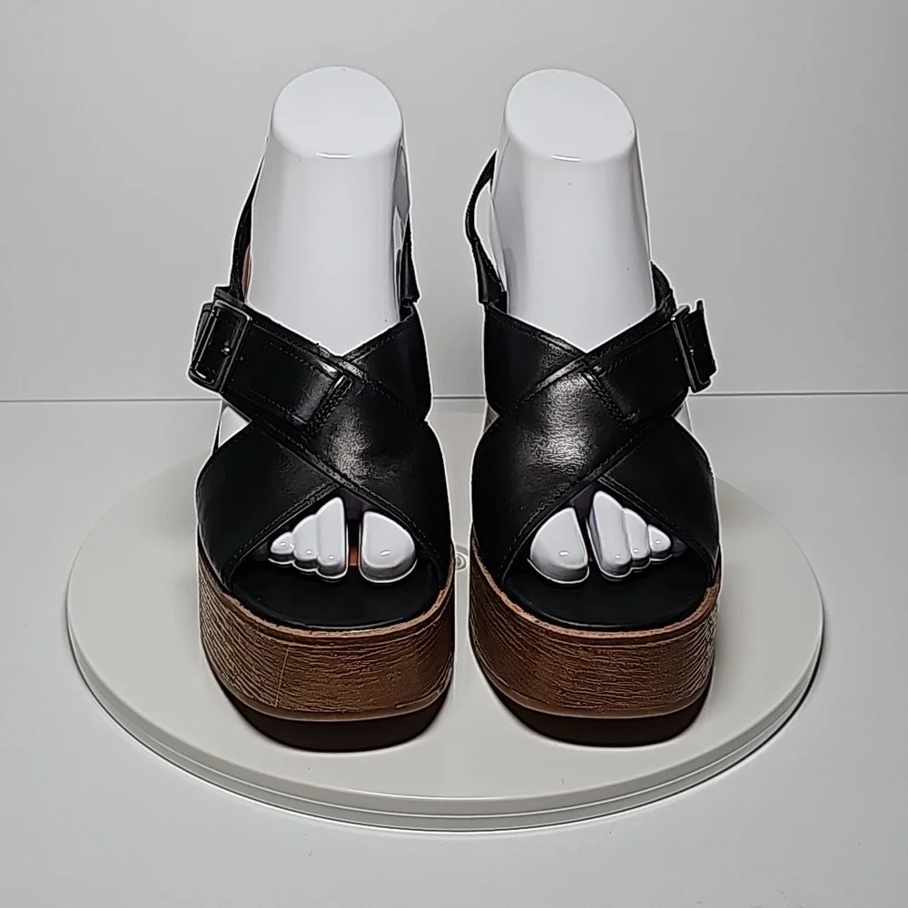 Lucky Brand Delaynee Black Leather Platform Wedge Sandals 8.5 NWOT Boho Resort
